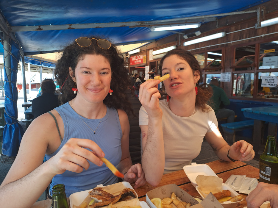 happily eating Kalkys fish and chips