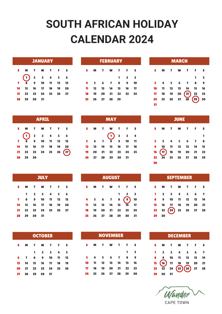 2024 calendar with South African public holidays circled